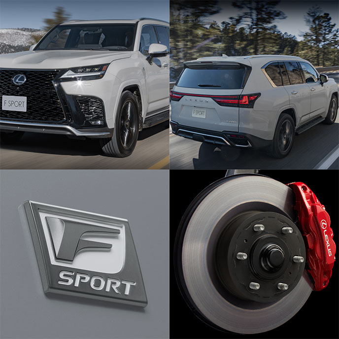レクサスLX“F SPORT”の走行シーンと専用エンブレム・レッドブレーキキャリパー