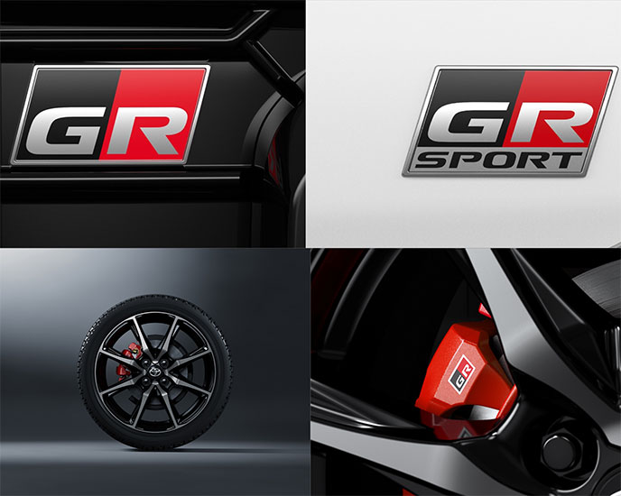 アクアGR SPORTの専用エンブレム・17インチアルミホイール・レッドキャリパー